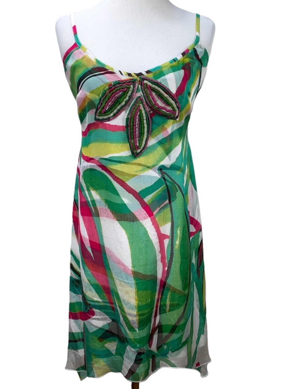 Beth Bowley Silk Beaded Multicolor Print Slip Dress Size 6 - S